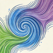 A simple line drawing with soft but vibrant colors, featuring abstract energy waves or spirals that symbolize vitality and well-being.