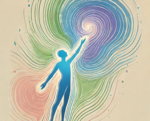 A figurative line drawing with soft but vibrant colors, representing the concept of expanding your sense of space and the idea that the energy body ex